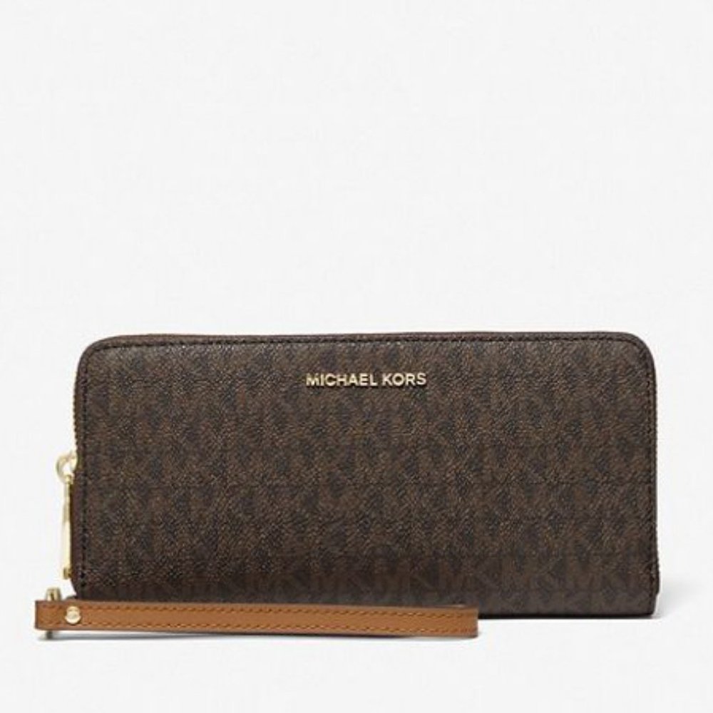 MICHAEL KORS Large Logo  Jet Set Travel Continental Wristlet Wallet Brown NWT